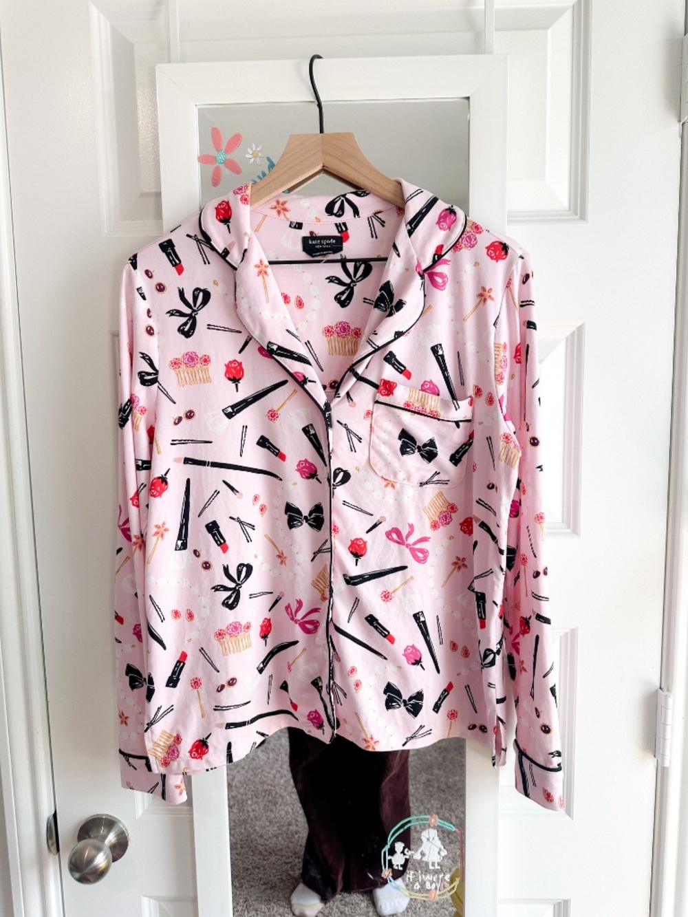 Kate Spade Pink Makeup Lipstick Bow Print Pajama Sleep Top ONLY S